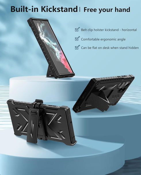 FNTCASE for Samsung Galaxy S22 Ultra, Built-in Screen Protector & Kickstand, Rugged Heavy Duty Shockproof Cover (Black)