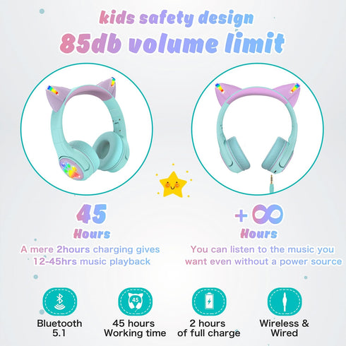 Riwbox CF9 Cat Ear Kids Bluetooth Headphones with LED Light, Safe 85dB Volume Limit, Built-in Mic for Calls (Green)