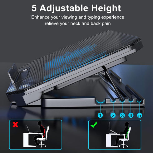 Laptop Cooling Pad with Adjustable Height, Two 5.1 Inches Fan, 2 USB Ports Suitable for 12"-15.6" Laptops (Black)