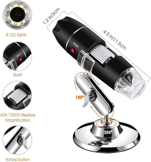 USB Digital Microscope 40X to 1000X, 8 LED Magnification Endoscope Camera with Carrying Case & Metal Stand