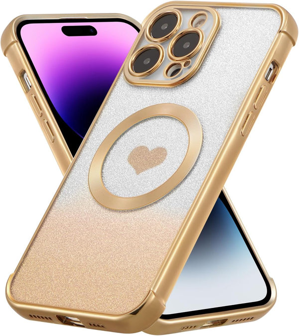 RALEAVO Magnetic Gradient Glitter Case for iPhone 14 Pro Max - Bling Clear Love Heart, Shockproof, MagSafe Compatible -