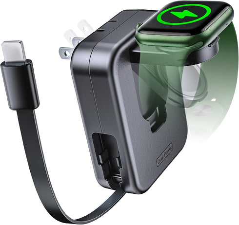 Apple Watch Charger Block, 2 in 1 Wall Charger with Built-in Retractable Charging Cable, Travel Foldable Plug