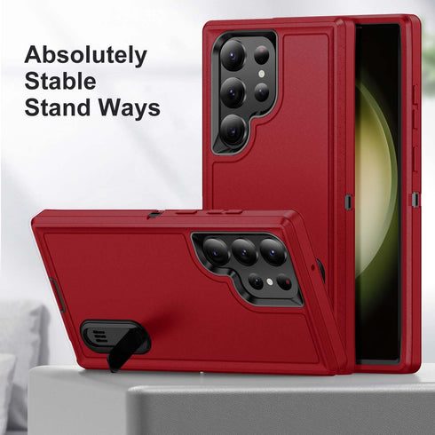 3-Layer Military Grade Protective Case with Kickstand for Samsung Galaxy S24 Ultra Phone Case (Red+Black)