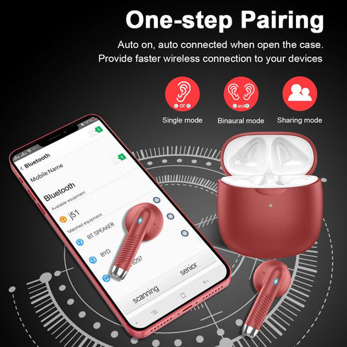 Wireless Earbuds, Bluetooth 5.3 Headphones with Noise Cancelling Mic, IP7 Waterproof, 32H Playtime, Red