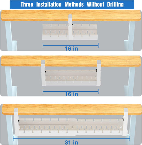 No Drilling Extendable Under Desk Cable Management Tray with Clamp, Retractable Power Strip Holder 31Inch (White)