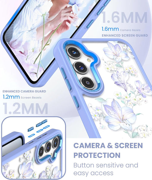 for Samsung Galaxy A35 5G Case - Girls Women Crystal Clear Flower Pattern Cover with Tempered Glass Screen Protector,