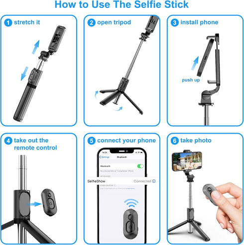 SelfieShow Extendable Selfie Stick Tripod with Wireless Remote and Stand, Portable, Lightweight for iPhone 15 14 13 12