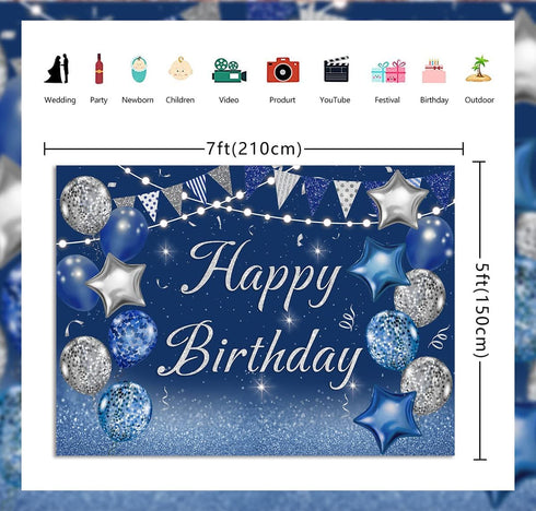 Navy Blue Happy Birthday Backdrop with Silver Glitter Balloons, Star Flag Sequins for Adult Birthday Party Decoration