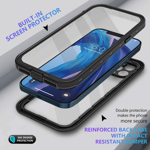 Waterproof Case for iPhone 12 Pro 6.1 inch, Full Body Sealed Cover with Built-in Screen Protector, IP68 Waterproof