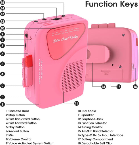 Walkman Cassette Player AM/FM Radio, Portable Tape Player with Built-in Speakers, Manual Record - Pink