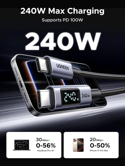 240W 100W 10FT UGREEN USB-C to USB-C Fast Charging Cable with Digital Display for Real-Time Power Monitoring, PD