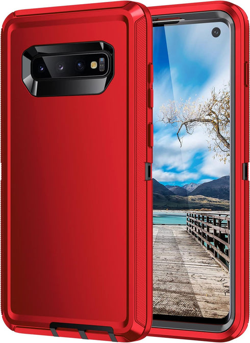 Heavy Duty Case for Galaxy S10, Shockproof Dust/Drop Proof 3 Layers Full Body Protection Rugged Cover, Red/Black