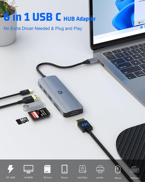 Tiergrade 6 1 4K 3.0 2.0 100W USB C Hub, in USB C Adapter, Display Docking Station with USB-A Port, USB-A Port, Power