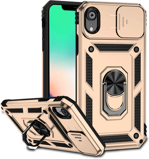 Hitaoyou iPhone XR Case with Camera Cover, Military Grade Shockproof Heavy Duty Protective Case with Stand, Gold