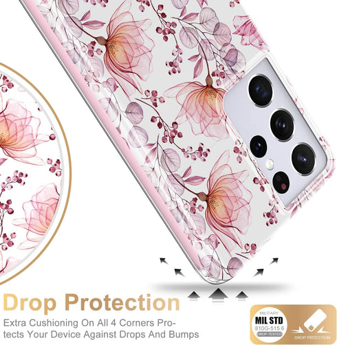 Esdot Light Pink Flowers Case for Samsung Galaxy S21 Ultra, Military Grade Rugged Cover for Women Girls