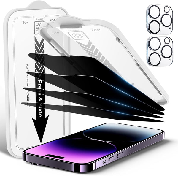iPhone 14 Pro Max Privacy Screen Protector 4 Pack + 2 Camera Lens Protectors, 9H Hardness, Easy Install, Drop