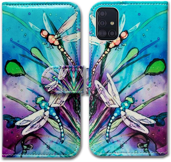 Cute Dragonfly Leather Flip Wallet Case Cover for Samsung Galaxy A51, Card Slot Holder Kickstand