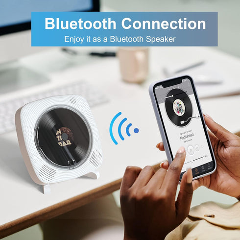 Portable CD Player with Speakers, FM Radio, Remote Control, AUX Port, USB Read, Desktop and Wall Mounted, White