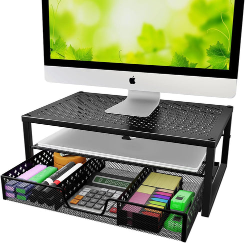 Simple Trending Metal Monitor Stand Riser with Drawer for Laptop, Computer, iMac, Black