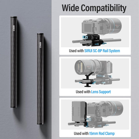 SIRUI 15mm Carbon Fiber Rod, Universal 8"/20cm Camera Rail Rods for 15mm Rod Rail Support System, Pack of 2