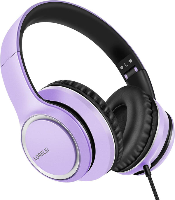 LORELEI X8 Over-Ear Wired Headphones with Microphone, 1.45m Tangle-Free Nylon Line & 3.5mm Plug, Lightweight Foldable