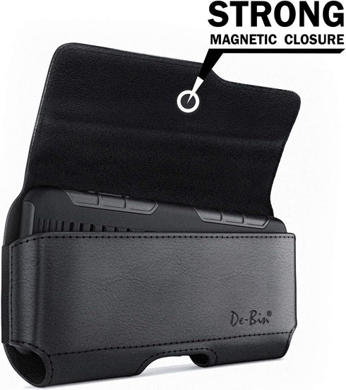 De-Bin Holster for Galaxy S24, iPhone 15, 15 Pro, 14, 13, 12, 11, X, Xs, 10 Cell Phone Belt Holder Case with Belt Clip Pouch Magnetic Cover, Fits Cellphone with Otterbox Commuter Case on, Black