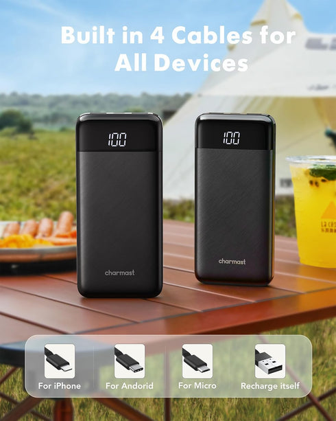 Portable Charger 10000mAh Slim Battery Pack with Built-in Cables, 6 Outputs, 3A High Speed for iPhone Samsung Pixel LG