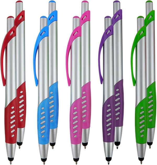 Stylus Pen 2 in 1 with Comfort Grip - Capacitive & Ballpoint for Universal Touchscreen Devices, 10 Pack Silver