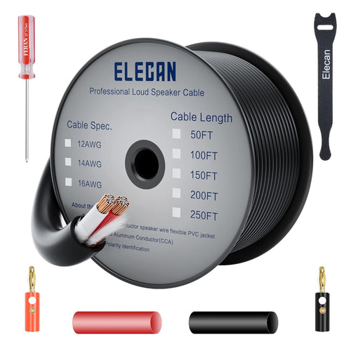 Elecan Pro Series 14/2 Outdoor Speaker Wire Cable 150 Ft 14 Gauge AWG, Direct Burial CL3 CL2 Rated for Home Theater