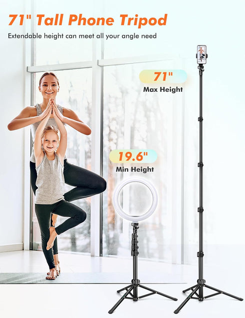 Phone Tripod, 71" Tripod for iPhone, Selfie Stick Tripod Stand with Remote, Phone Tripod & Tall Travel Tripod for Recording Video Selfies Photo, Compatible with iPhone 15 14 Pro Max 13 12 11