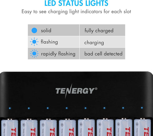 Tenergy TN477U 8-Bay Quick Charger for AA/AAA Rechargeable Batteries