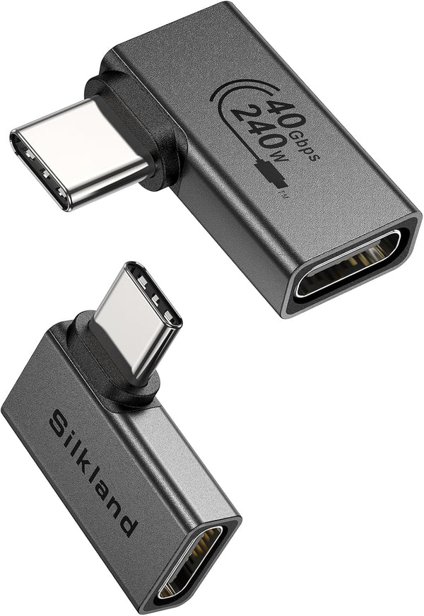 Silkland 90 Degree USB C Right Angle Adapter 2 Pack, 240W Male to Female USB-C Extender for Thunderbolt Devices