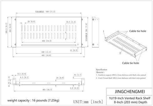 JINGCHENGMEI 1U 19 Inches (8 Inches Disassembled Vented Rack Shelf Universal Rack Tray No Lip for Network Cabinet