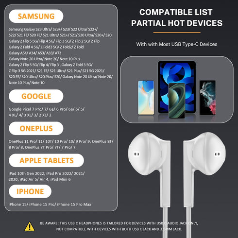 Type C Earbuds USB C Headphones for iPhone 15/15 Pro/15 Pro Max Samsung S24 with Microphone Noise Isolation Stereo