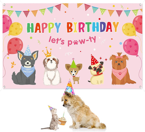 Dog Girl Party Decorations, Pink Puppy Dog Themed Birthday Supplies, Lets Party Banner Backdrop for Kids Photography