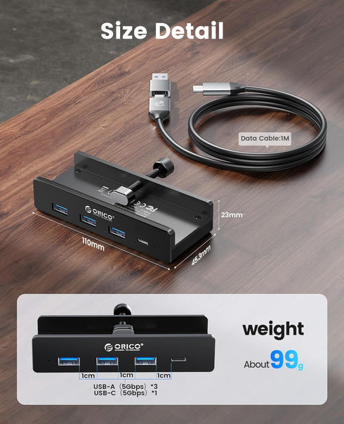 ORICO USB Hub 3.0, Clamp USB Hub with Extra Power Supply Port, 4-Port USB Adapter for Monitors, Desks