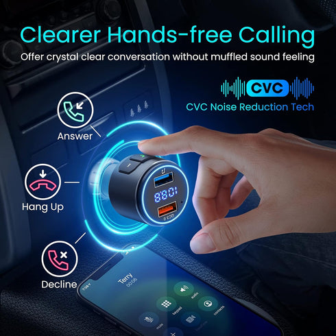 Upgraded V5.0 Bluetooth FM Transmitter Car, Wireless Adapter with QC3.0, LED Backlit, Hands-Free Calls