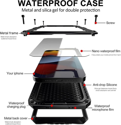 Marrkey Waterproof Case for iPhone 15, Heavy Duty Durable Metal Full Body Shockproof Dustproof Military Grade Defender
