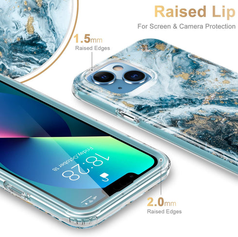 Esdot for iPhone 13 Case Opal Marble Teal - Built-in Screen Protector, Military Grade Rugged Cover for Women Girls, 6.1"
