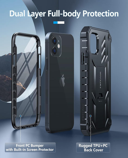 FNTCASE iPhone 12 Pro Case: Rugged Military Grade Drop Proof Cover with Kickstand, Matte Textured Shockproof TPU - Black