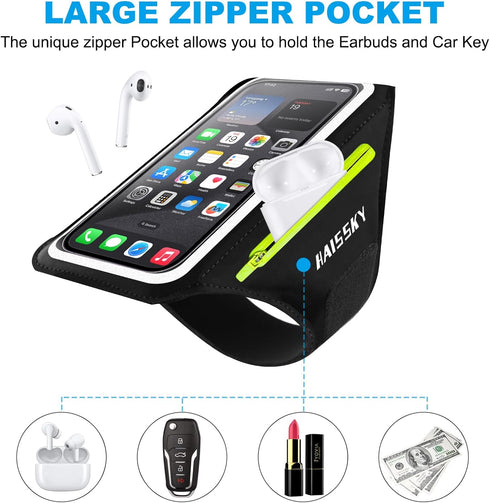 Cell Phone Running Armband with Zipper Pocket Case for iPhone 16 Pro Max/15/14/13/12/11 Pro Max, Sweatproof Arm Band