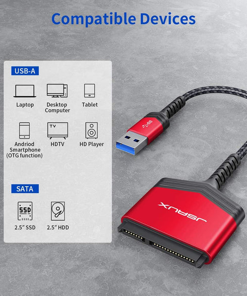JSAUX SATA to USB A Cable, USB A 3.0 to 2.5” SATA III Hard Drive Adapter for SSD/HDD Data Transfer
