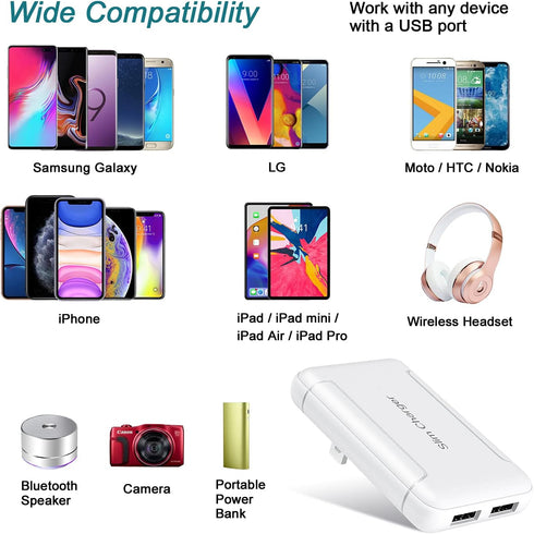 OKRAY Charger Block 5V/3A Dual USB Wall Charger with Foldable Plug, 2 USB-A Ports, Fast Charging for iPhone, Samsung