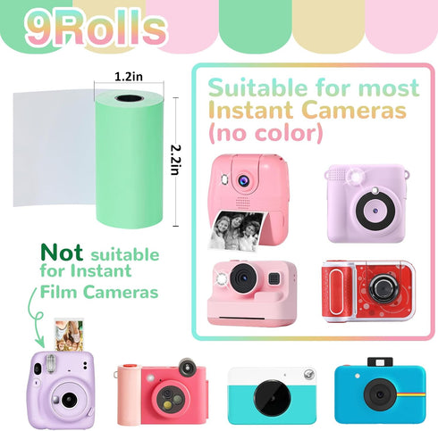 9 Rolls Kids Instant Camera Print Refill Paper, Photo Printer Thermal Paper for Kid's Instant Camera Favors, Candy Color