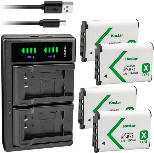 Kastar 4-Pack NP-BX1 Battery and LTD2 USB Charger for Sony Vlog Camera ZV-1, Cyber-Shot DSC-H400, HX300, HX400