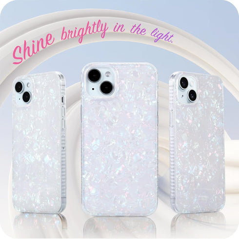 LONLI Hue White Pearl Tort Case for iPhone 15 Plus - 10FT Drop Protection, Shockproof Cover with Color Changing Effect