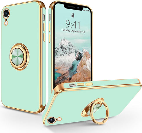iPhone XR Case, Slim Protective Phone Case with Kickstand Ring Holder, Soft Rubber Hybrid Bumper, Mint, 6.1"