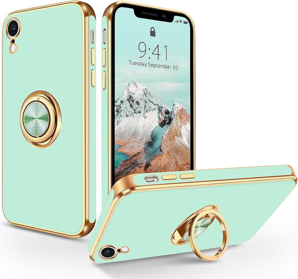 iPhone XR Case, Slim Protective Phone Case with Kickstand Ring Holder, Soft Rubber Hybrid Bumper, Mint, 6.1"