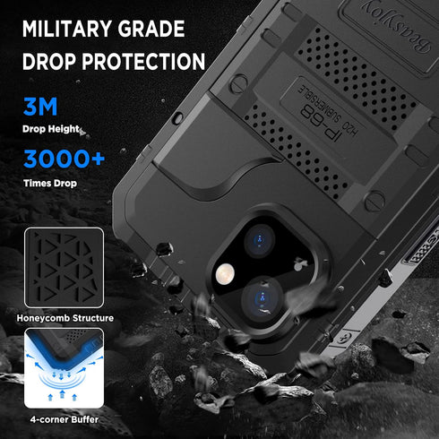 Beasyjoy iPhone 14 Case Waterproof, Heavy Duty Metal Full Body Protective Case with Built-in Screen Protector, Military