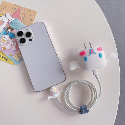 3D Cute Cartoon Charger Protector Case for Apple 20W USB-C Power Adapter and Lightning Cable (White Dog)